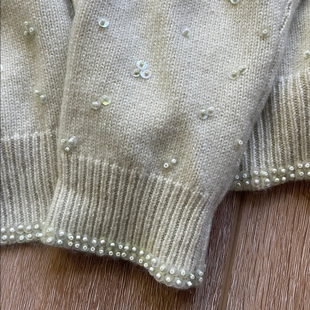 Doen Cashmere Pearl-Embellished Cream Women's Cardigan Sweater - Picture 4 of 14